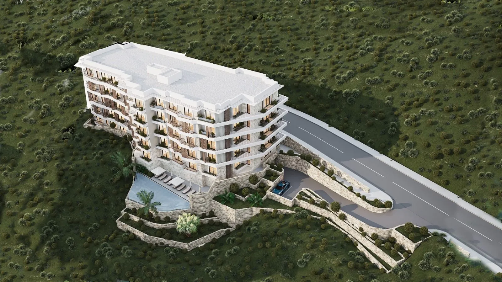 3D render stambene zgrade sa bazenom i okolnim zelenilom.