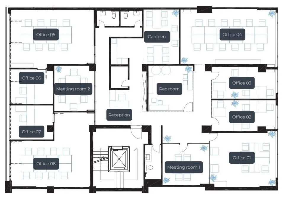 Detailed floor plan of a modern office space layout showing offices and common areas.