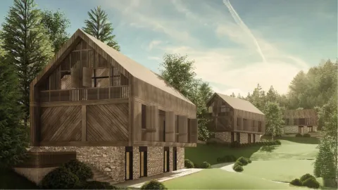 Spoljašnji izgled modernih drvenih vikendica u šumskom okruženju. - image 2