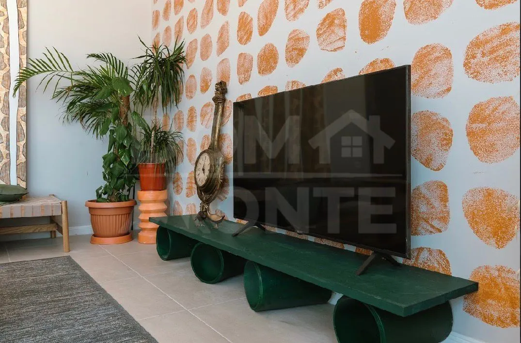 Living room with a TV and decorative elements.
