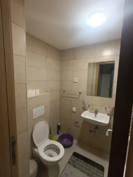 Manje kupatilo sa umivaonikom, WC šoljom i ogledalom obloženo keramičkim pločicama. - image 10