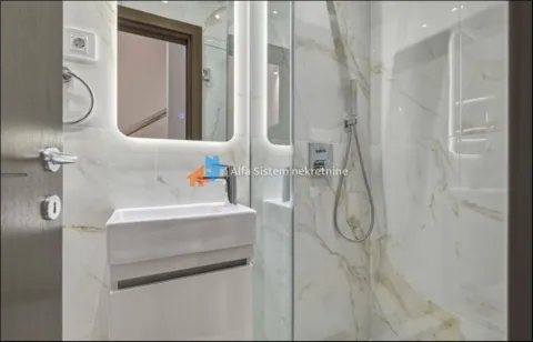 Modernly equipped bathroom with a shower cabin and a washbasin. - image 7