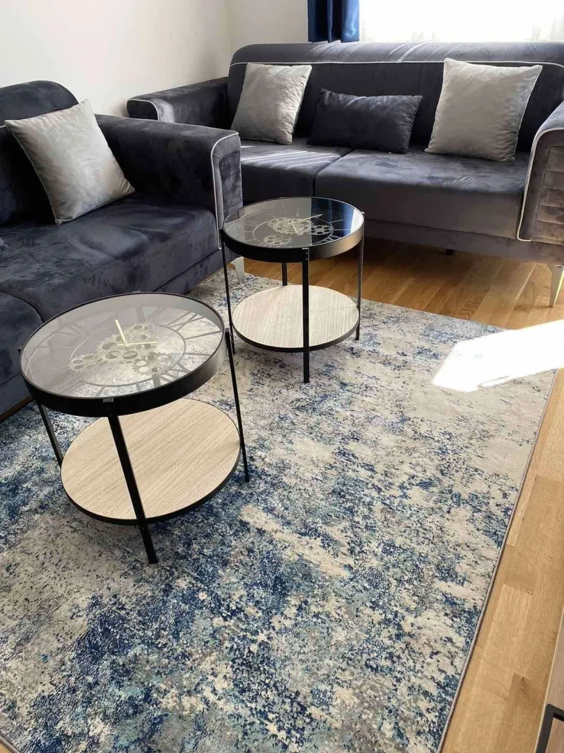Living room with modern furniture and a rug.