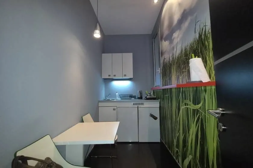Small kitchen with a dining table and grass-themed wallpaper.