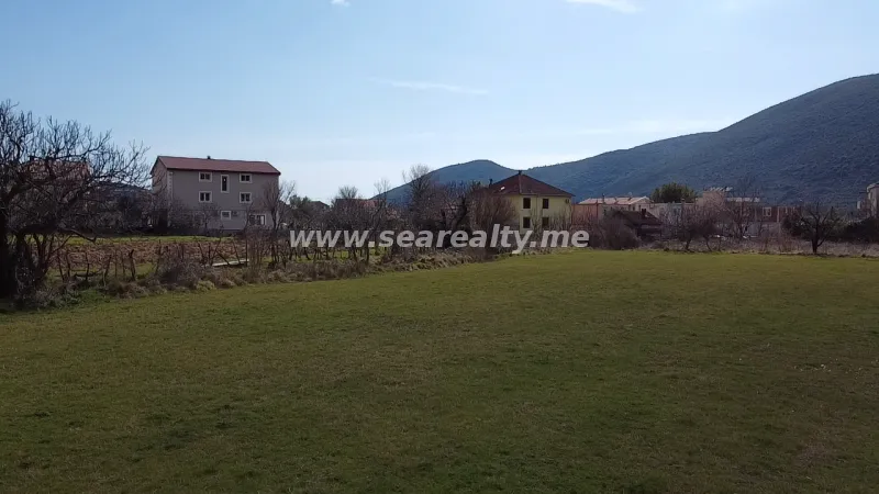 Pogled na zelenu livadu i okolne kuće u prirodi.