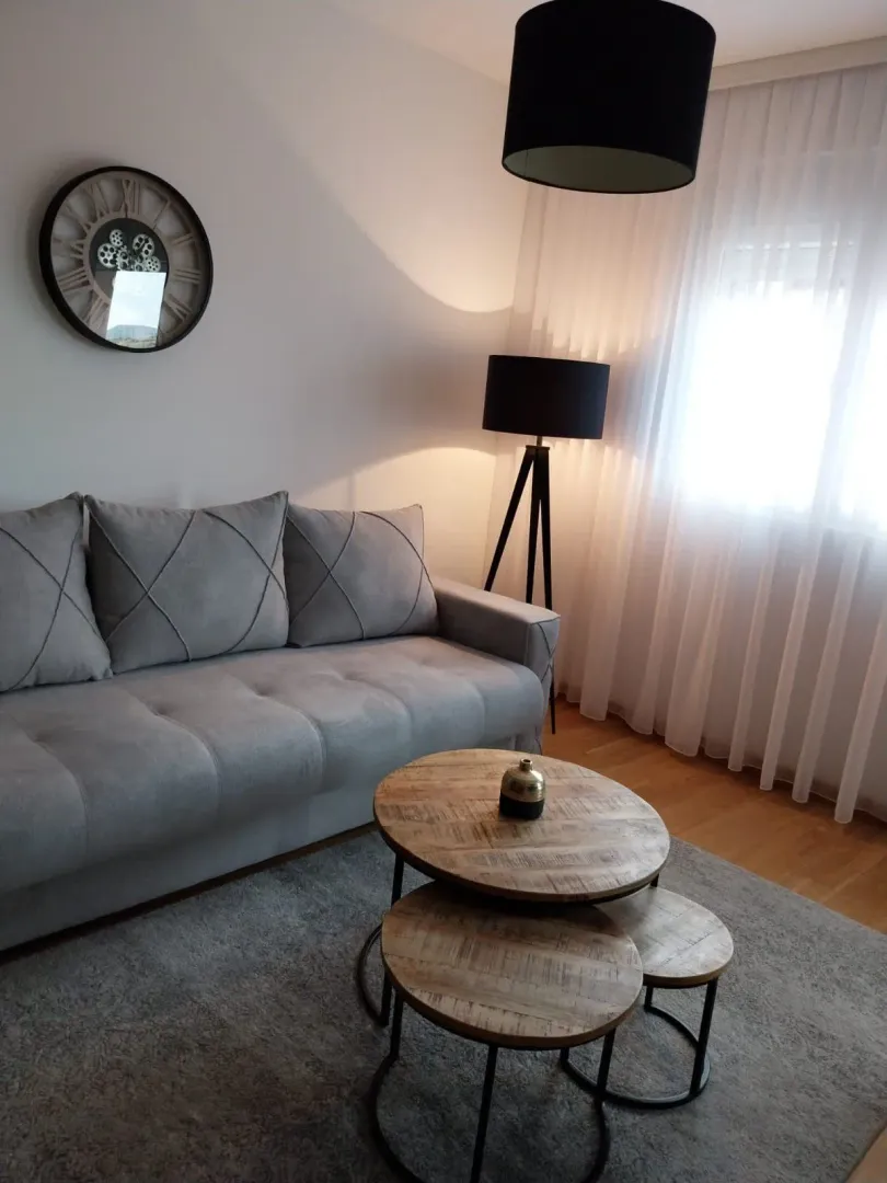 A bright living room featuring a grey sofa and wooden coffee tables.