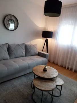 A bright living room featuring a grey sofa and wooden coffee tables. - image 4