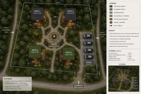 3D plan i situacija parcele sa objektima, parkingom i uređenim dvorištem. - image 7