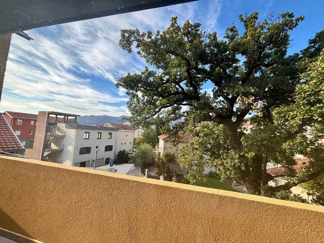 View from the terrace overlooking surrounding buildings and trees.