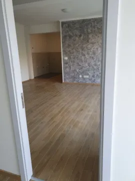 An empty room with light laminate flooring and a grey feature wall viewed through a doorway. - image 7