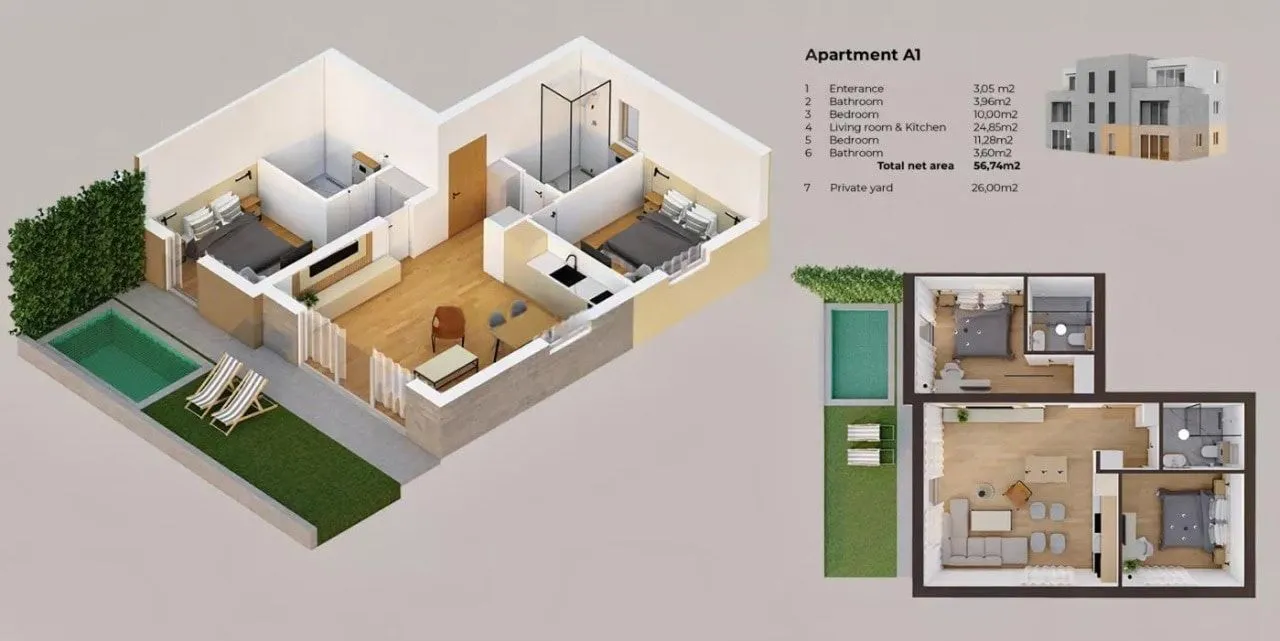 Sale, three bedroom apartment, 56m², Stoliv, Kotor
