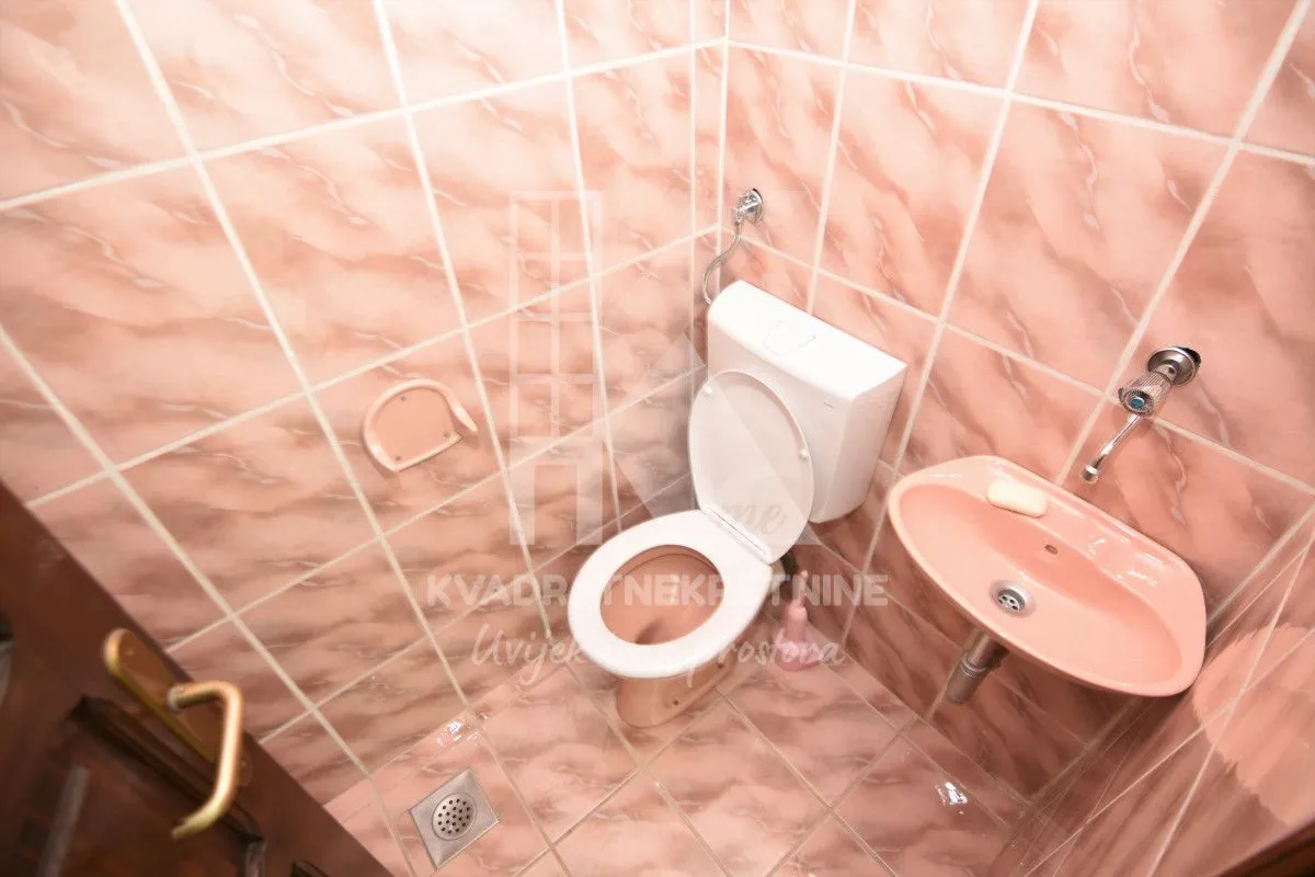Smaller bathroom with a pink toilet and washbasin.