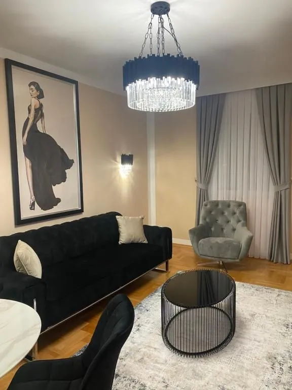 Moderan i svijetao dnevni boravak sa crnim kaučem, foteljom i velikim lusterom.