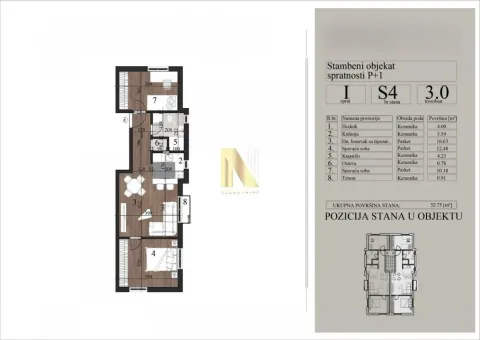 Osnova trosobnog stana sa rasporedom prostorija i površinama. - image 2