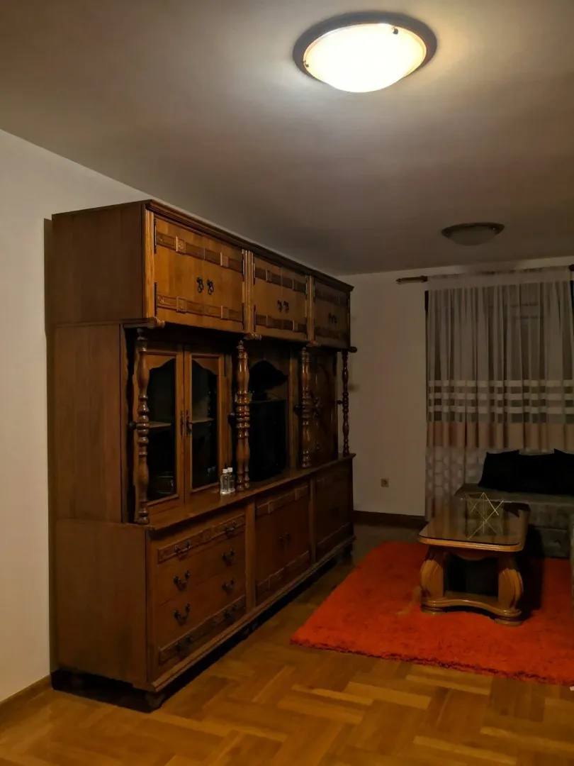 Dnevna soba sa velikim drvenim regalom, klub stolom i narandžastim tepihom.