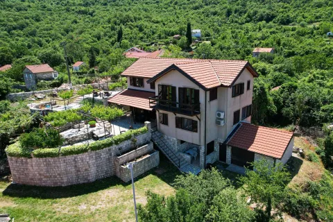 Pogled iz vazduha na dvospratnu kuću sa popločanim dvorištem i okolnim zelenilom. - image 13