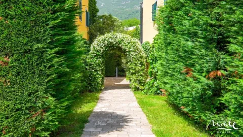Uređena staza u dvorištu sa lukom od cvijeća i zelenilom. - image 35