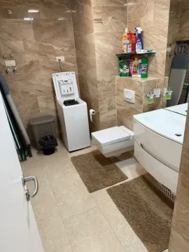 Bathroom equipped with sanitary ware, a sink, and a washing machine. - image 10