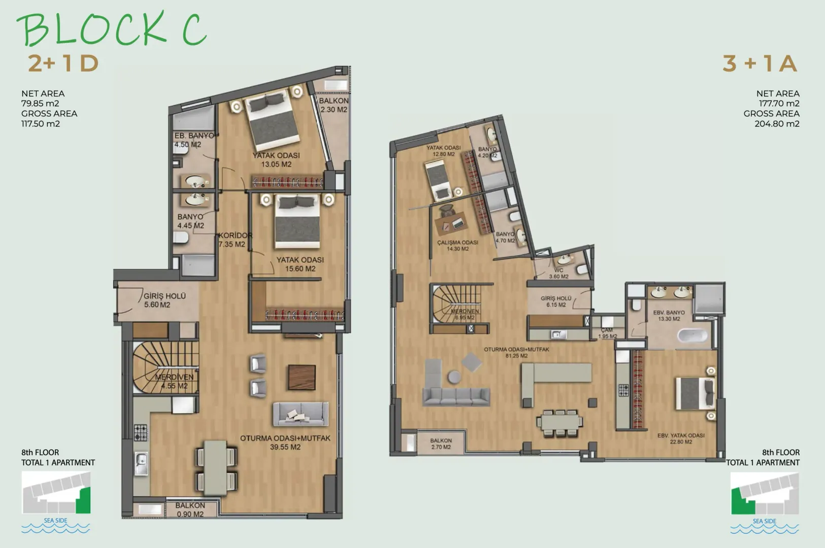 Architectural floor plan showing the layout of a two-level apartment with terraces.