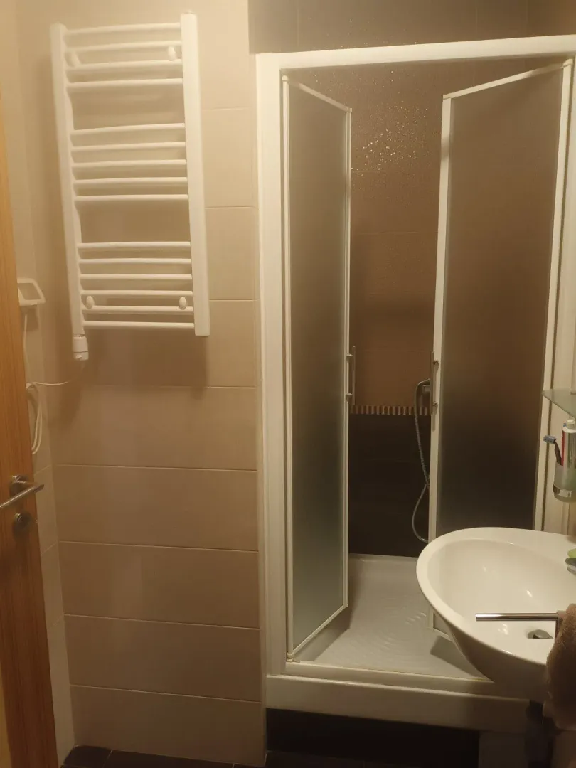 Kupatilo sa tuš kabinom, umivaonikom i sušačem za peškire.