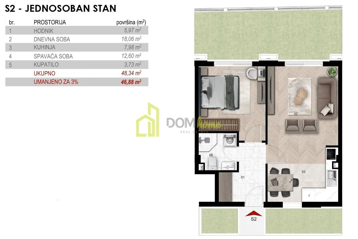 Sale, one bedroom apartment, 46m², Momišići, Podgorica