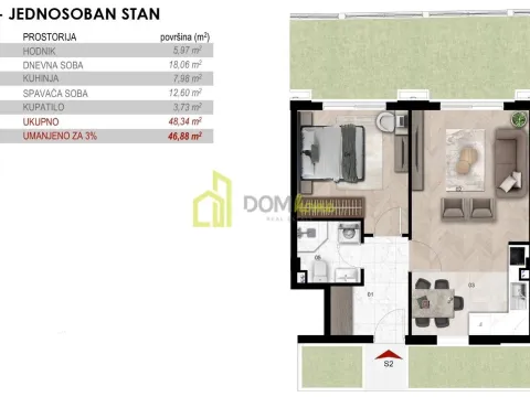 Sale, one bedroom apartment, 46m², Momišići, Podgorica - image 2