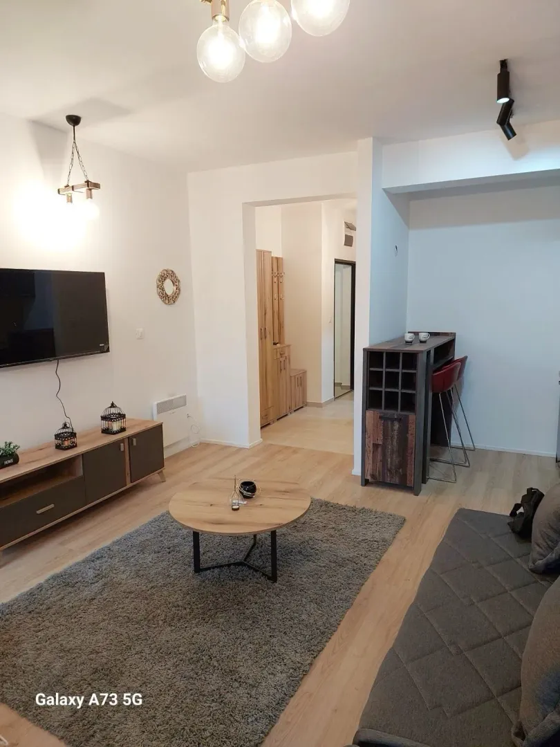 Dnevna soba sa garniturom, televizorom i trpezarijskim dijelom u pozadini.