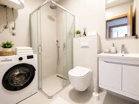 Savremeno opremljeno kupatilo sa tuš kabinom, WC šoljom, umivaonikom i veš mašinom. - image 7