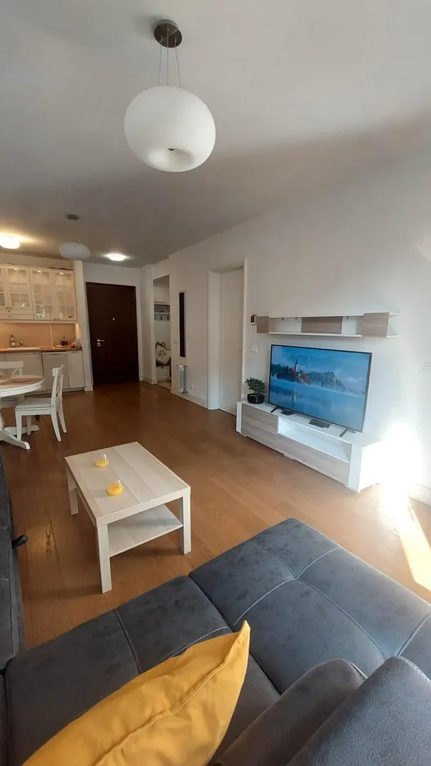 Living room with sofa, television, and dining area in the background.