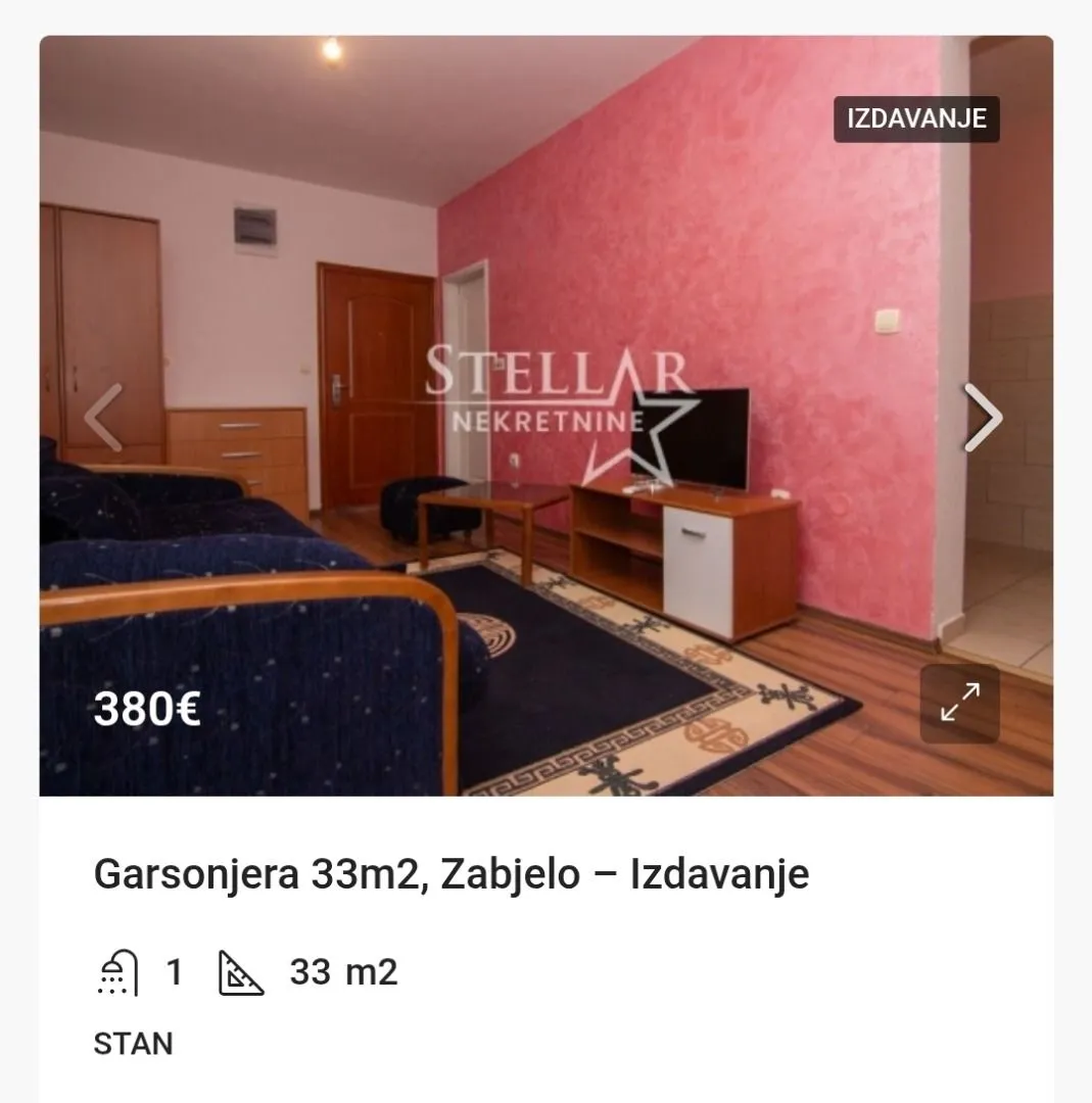 Izdavanje, garsonjera, 33m², Zabjelo, Podgorica