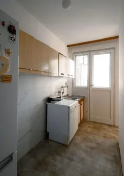 Manja kuhinja sa bijelim elementima, sudoperom i izlazom na terasu. - image 2