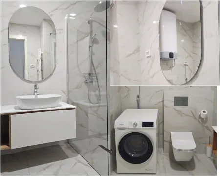 Kolaž slika prikazuje moderno uređeno kupatilo sa tuš kabinom, umivaonikom i veš mašinom. - image 8