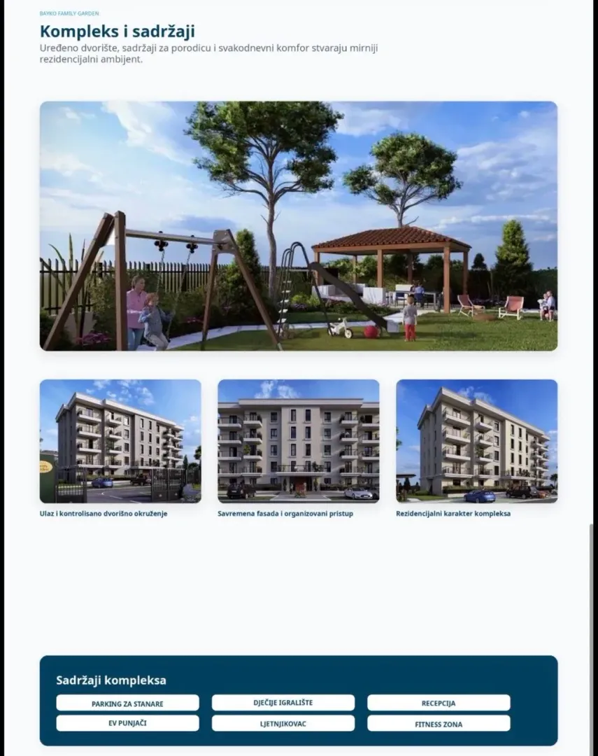 Prikaz stambenog kompleksa sa uređenim dvorištem, igralištem i savremenom fasadom zgrade.