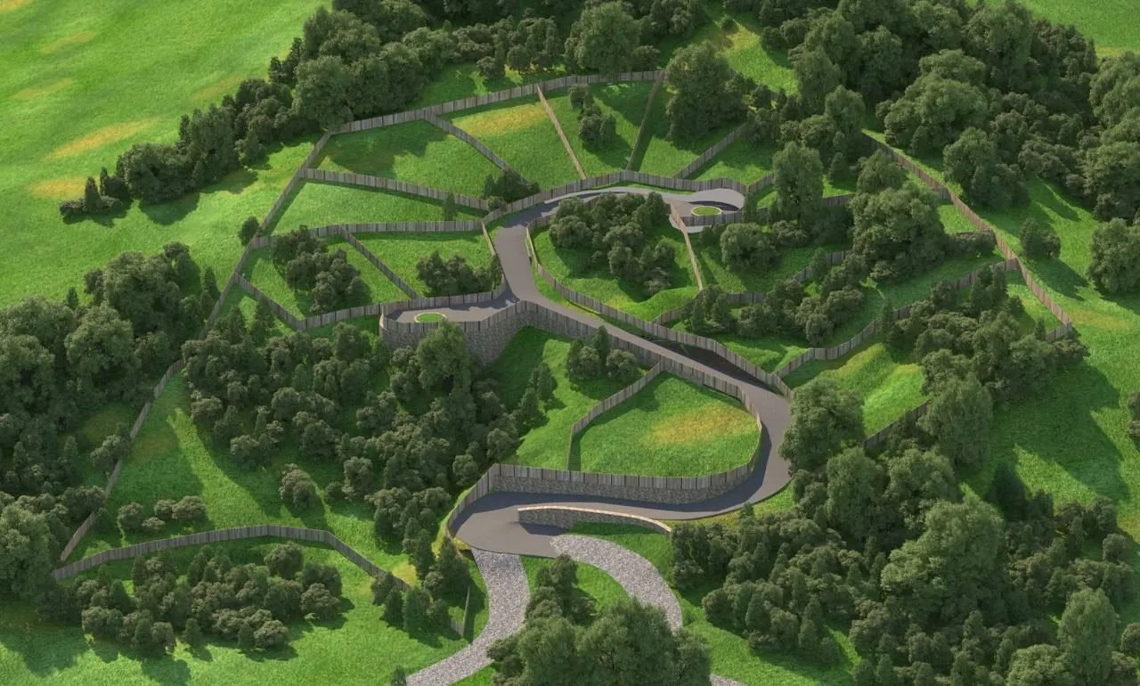 3D prikaz uređenog građevinskog zemljišta sa parcelama i pristupnim putem u prirodi.