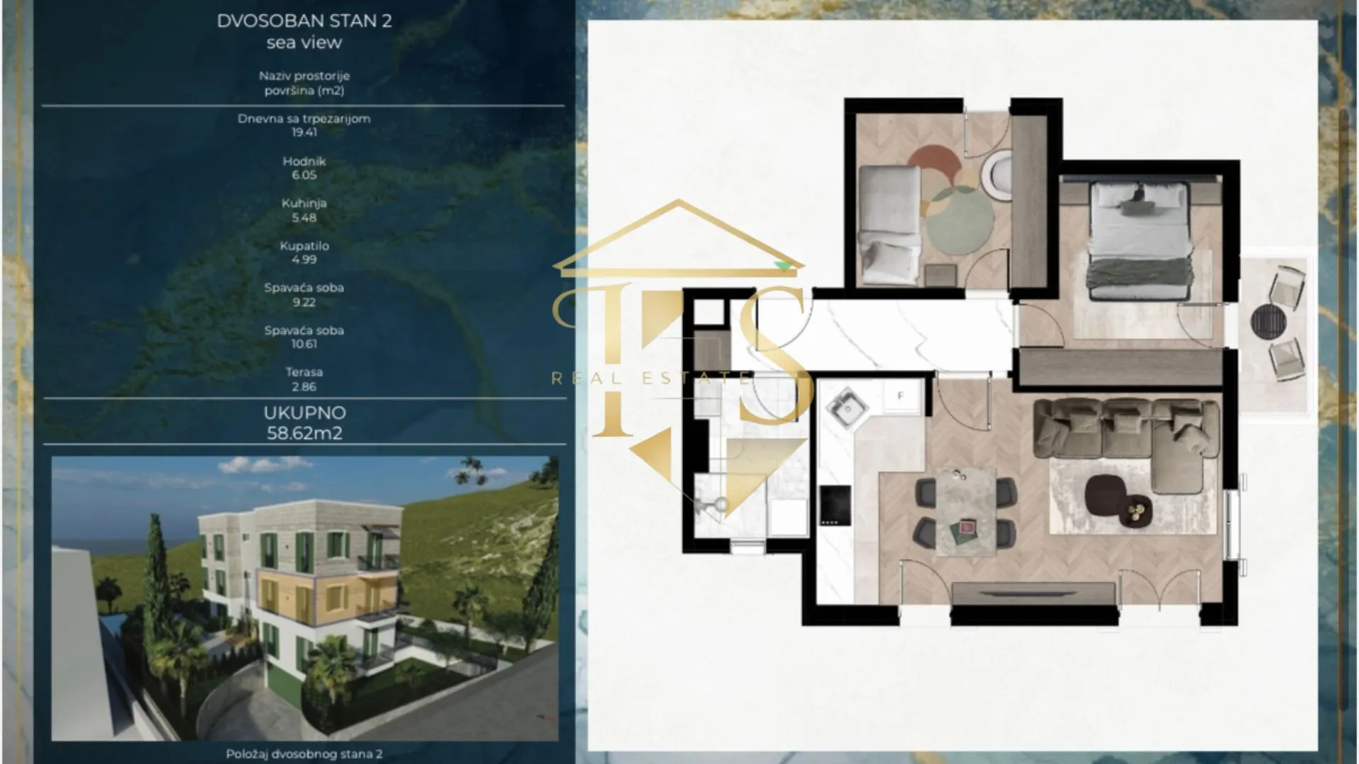 Prodaja, dvosoban stan, 60m², Kava, Tivat