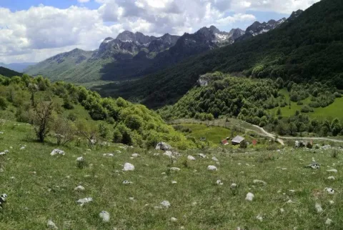 Pogled na planinski predio sa zelenim proplancima i kućom u daljini. - image 2