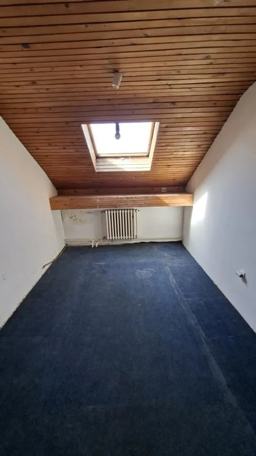 Prazna potkrovna prostorija sa drvenim plafonom i krovnim prozorom.