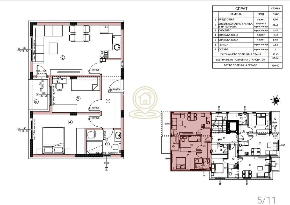 Sale, two bedroom apartment, 56m², Pantelej, Niš