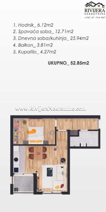 Prodaja, jednosoban stan, 53m², Kava, Tivat