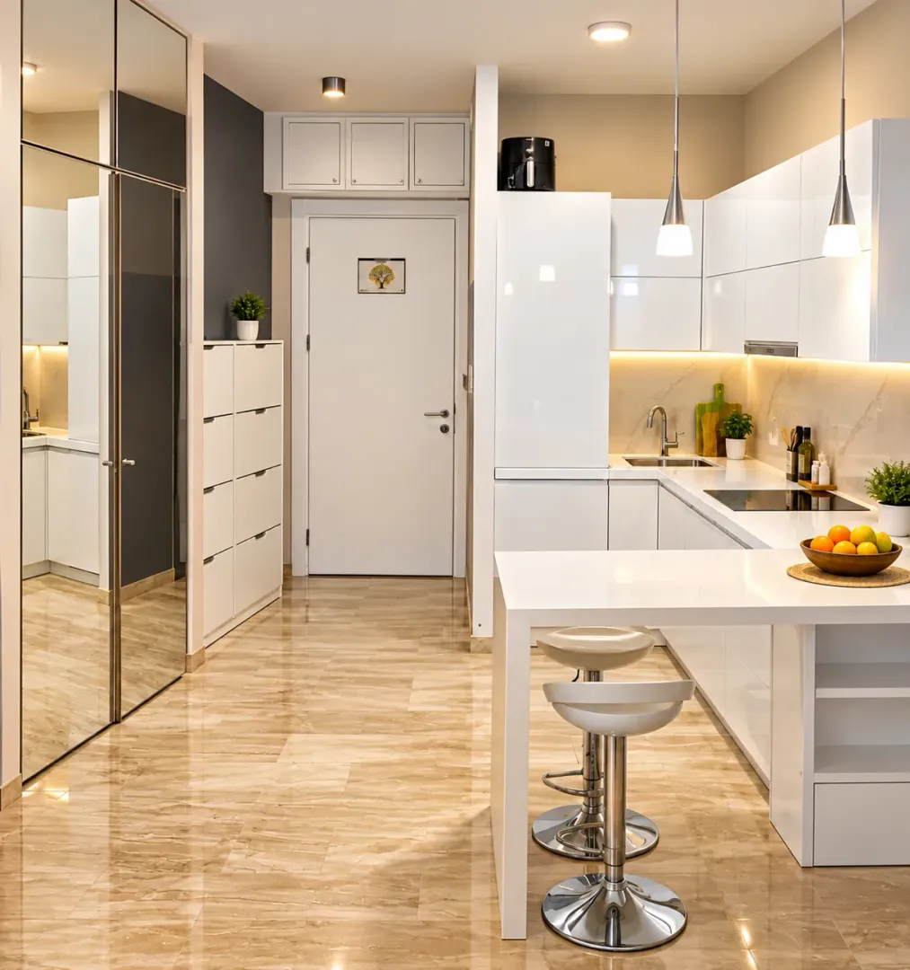 Modern white kitchen with an island, bar, and stools.