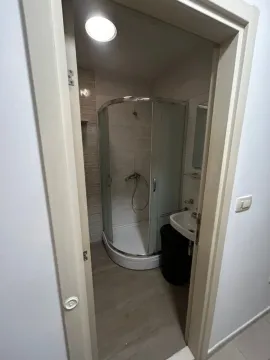 Pogled na kupatilo sa tuš kabinom kroz otvoren ulaz. - image 3