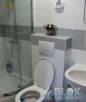 Bathroom equipped with a shower cabin, toilet, and washbasin. - image 6