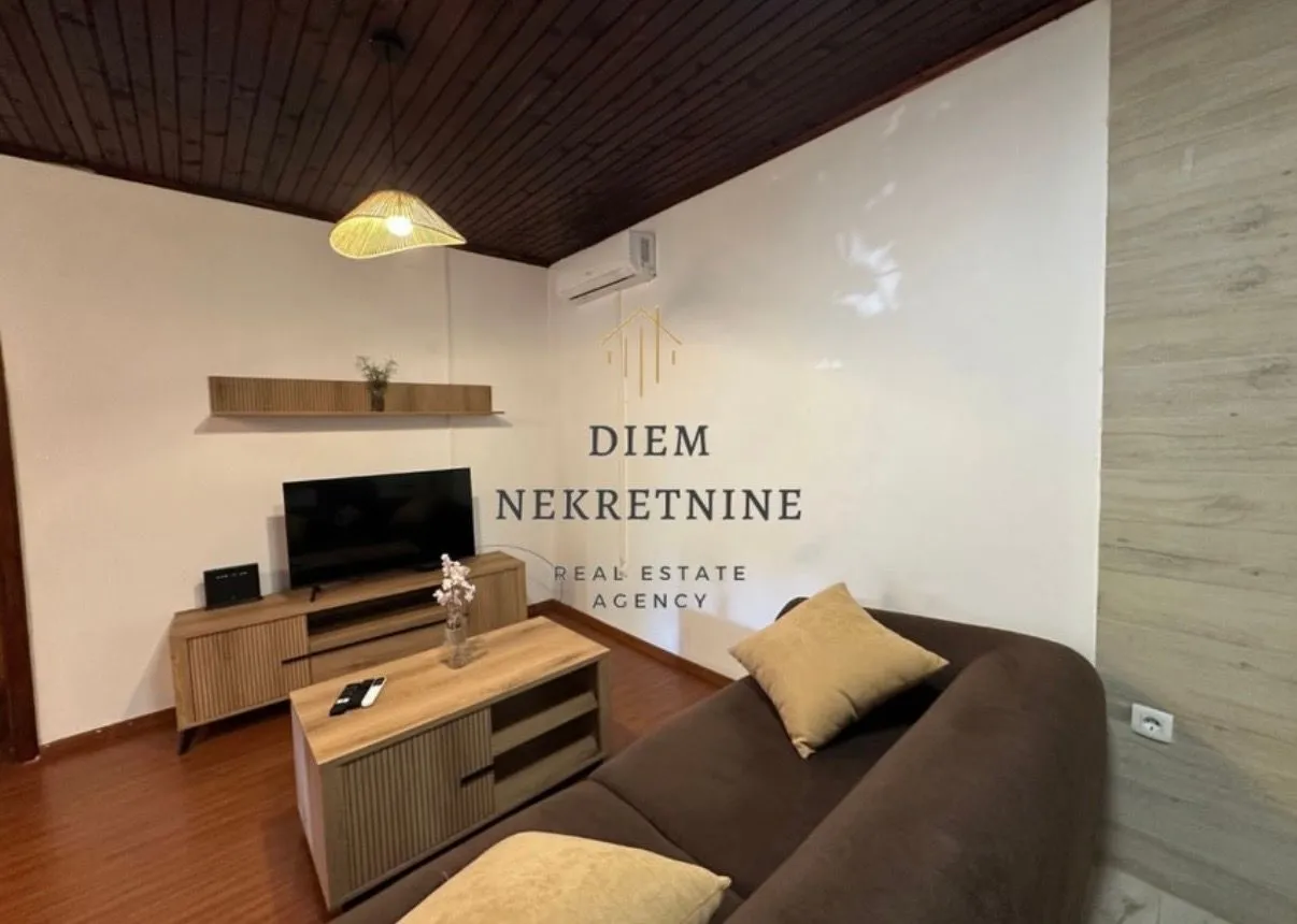 Living room with a sofa, TV unit, and wooden ceiling.