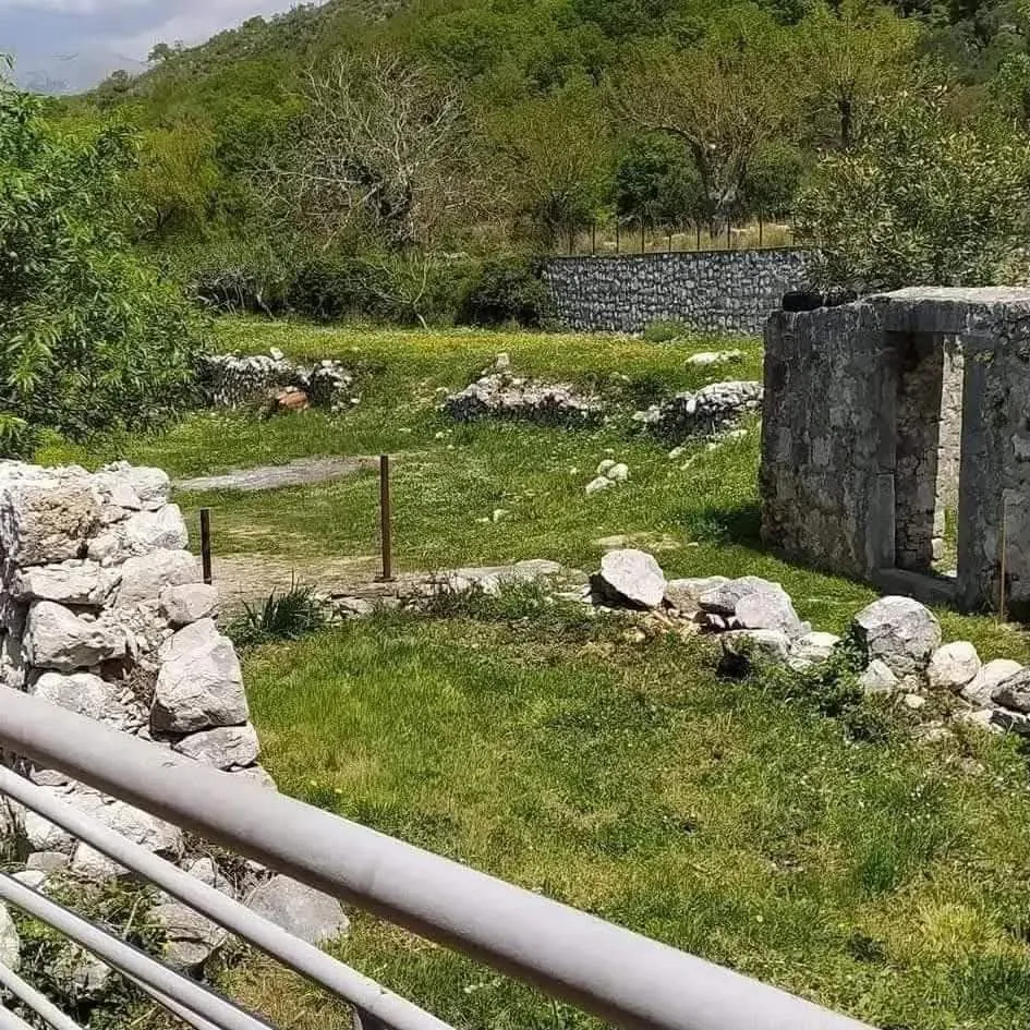 Ruined stone building in a yard overgrown with grass and vegetation.