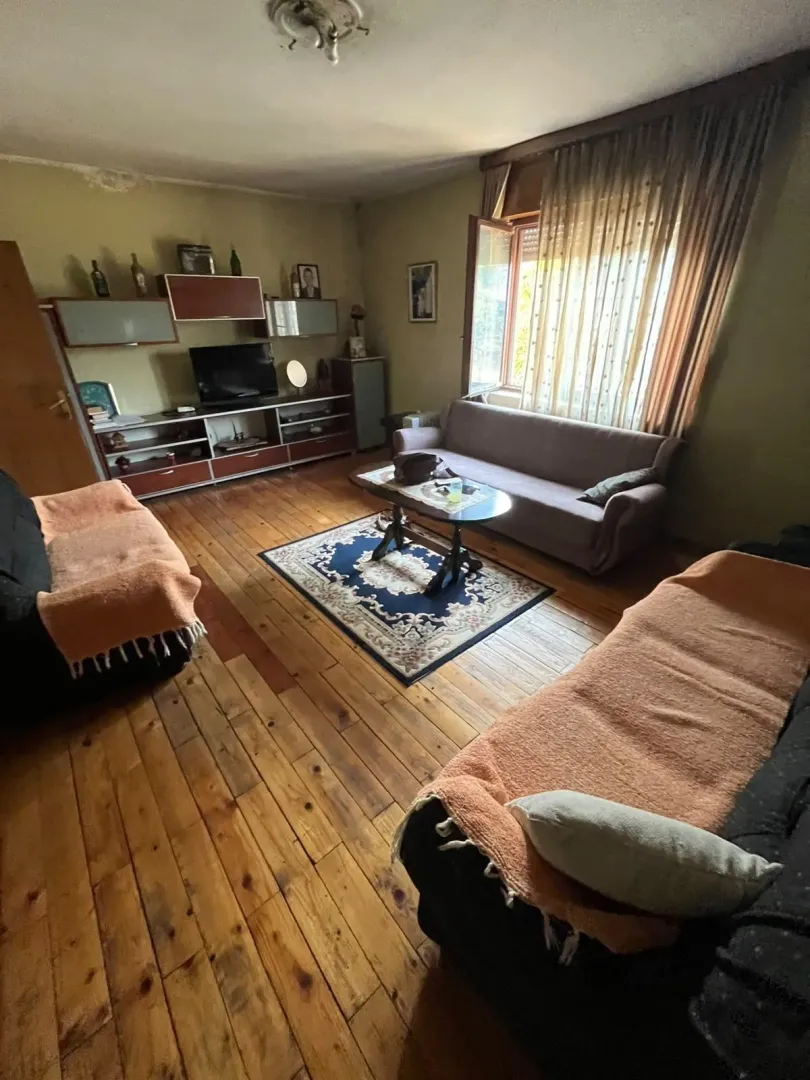 Dnevna soba sa garniturom za sjedenje, televizorom i drvenim podom.