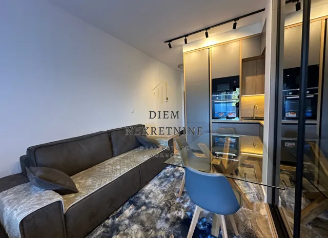 Modern living room with a sofa and dining area.