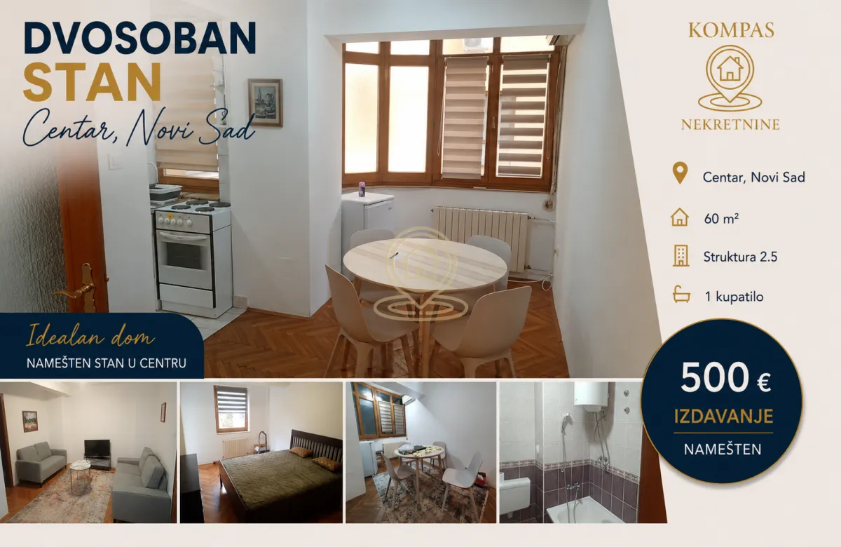 Izdavanje, dvosoban stan, 60m², Centar, Novi Sad