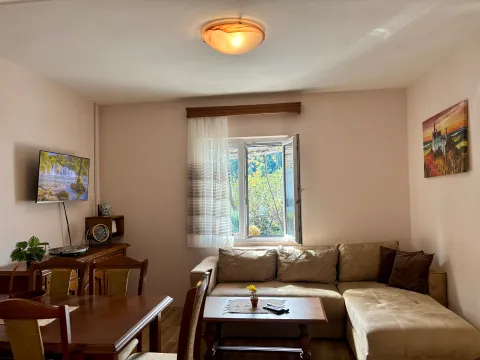 Living room with a sectional sofa, dining table, and a window with a green view. - image 3