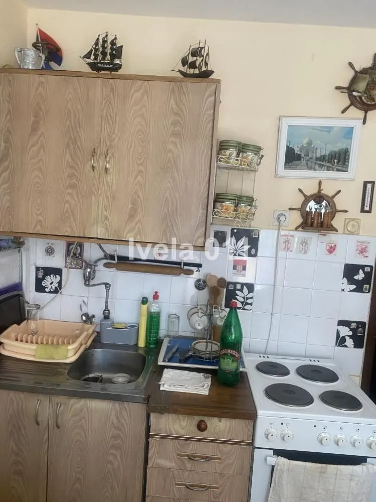 Manja kuhinja sa drvenim elementima, sudoperom i šporetom.