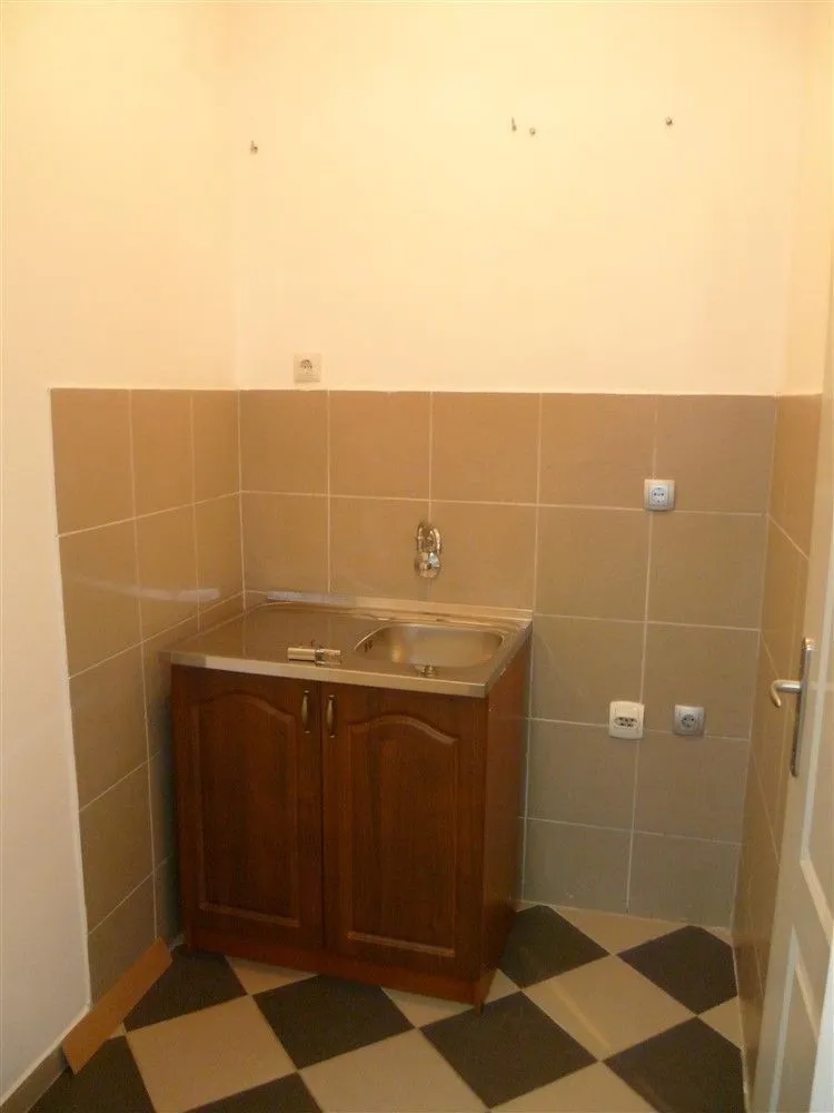 A small kitchen corner with a sink and wooden cabinet.